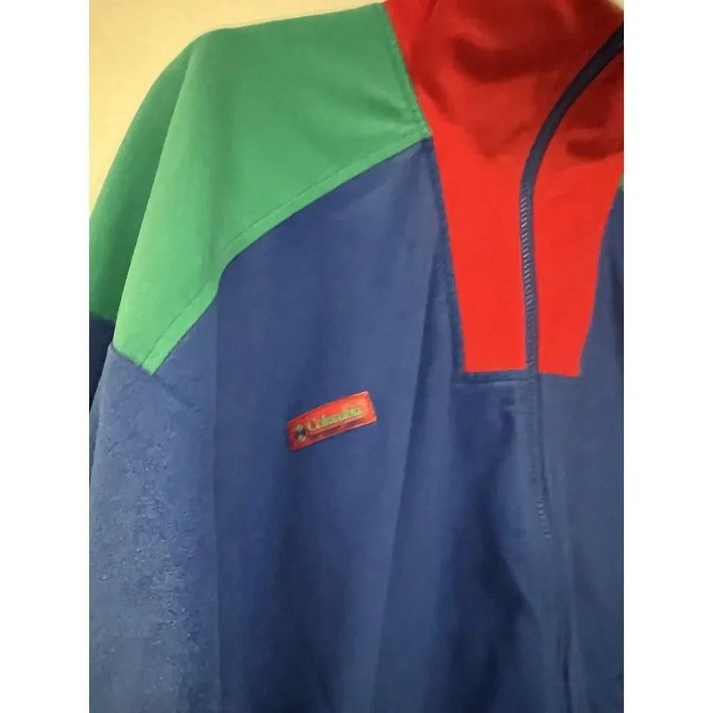 Vintage columbia jacket blue green color block red teal blue Mens XL felt fleece